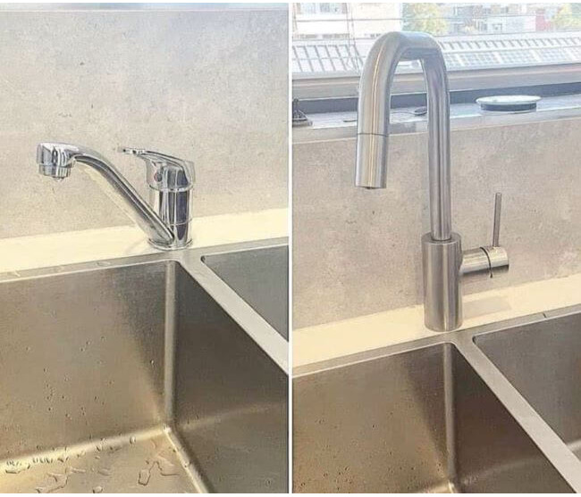 Side-by-side comparison of a kitchen sink before and after a tap replacement. Left shows the old chrome tap, right shows the newly installed modern stainless steel tap.
